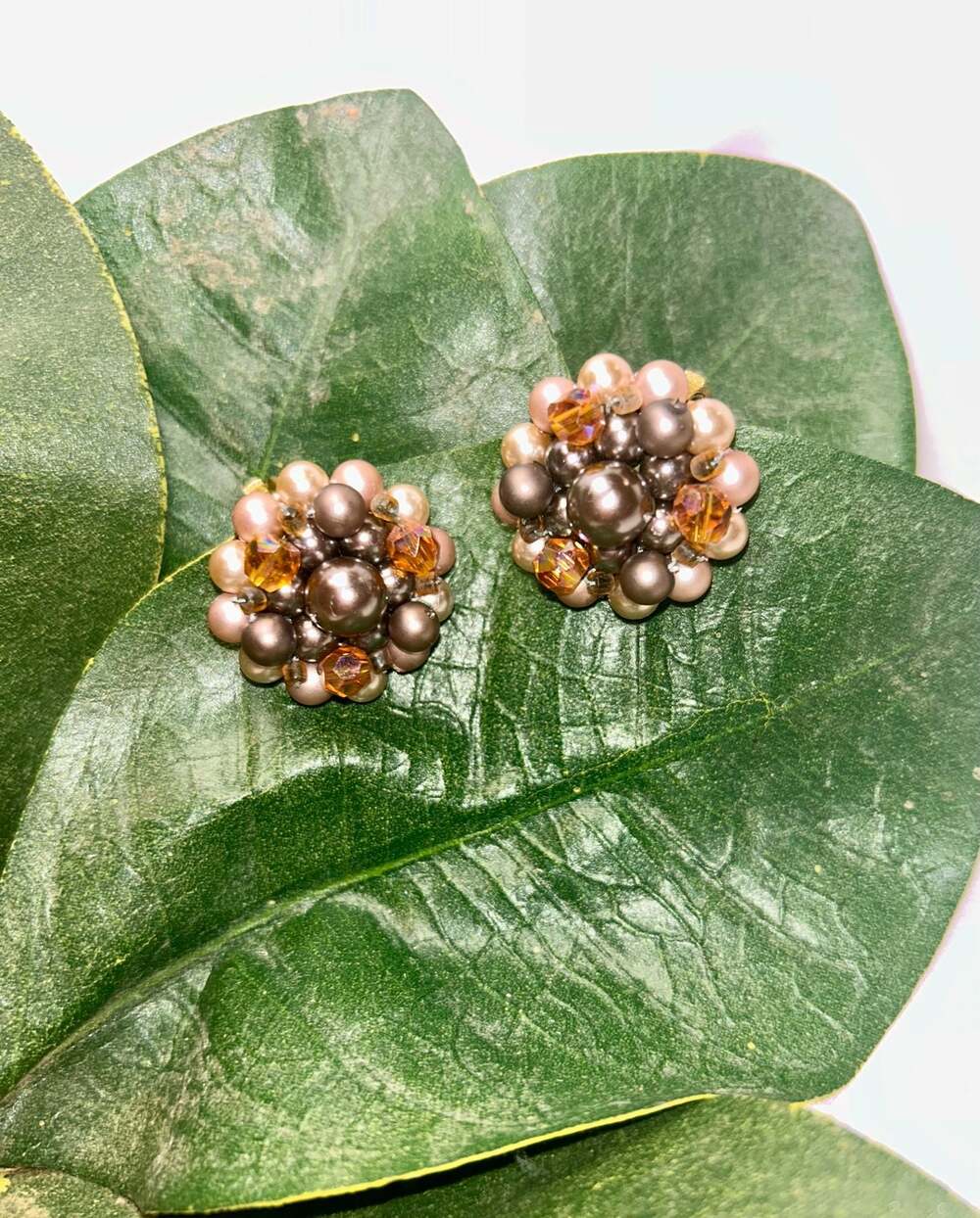 Vintage Mid-Century Japan Faux Pearl and Brown Bead Cluster Clip-On Earrings